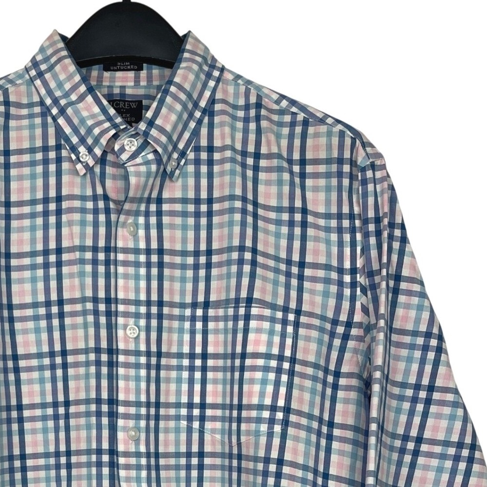 J.Crew Flex Washed Slim UNTUCKED‎ Mens L Button Down Shirt Blue Pink Plaid AR505
